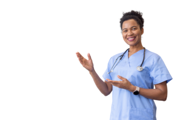 African American nurse pointing at something with confidence