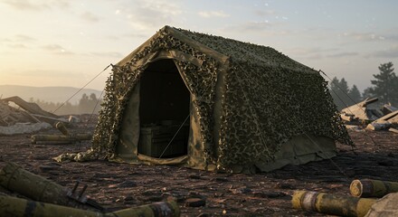 Military tent stands amid debris in a war torn landscape