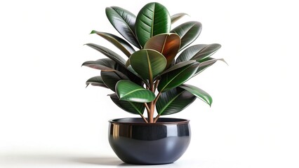 Glossy Dark Green Rubber Plant in Sleek Black Pot - Isolated on White & Transparent Background