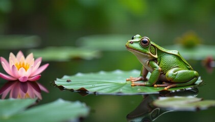 Naklejka premium Frogs sitting on a lily pad in a pond with water lilies, peaceful, calm, pond