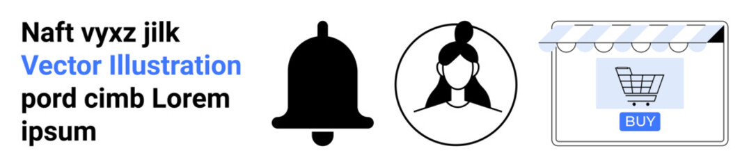 Notification bell, female profile avatar, shopping cart under awning with a Buy button. Ideal for e-commerce, user interface, social media, notifications, online shopping, user profiles flat landing