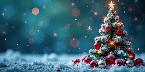 Frosted Christmas tree with sparkling snowflakes and colorful ornaments, Snowy Scene, Holiday Cards, Sparkles