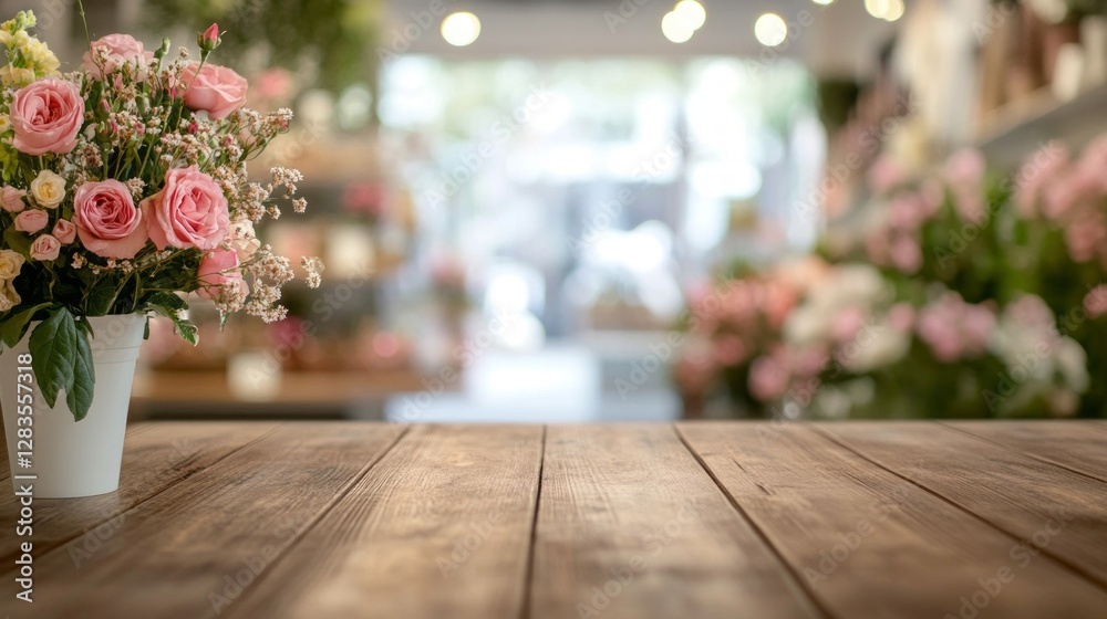 Poster an inviting wooden table, bathed in soft light, stands ready for use in a charming floral shop adorn