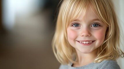 Fototapeta premium Portrait of a young blonde girl, happy expression, head and shoulders shot, soft window light from left