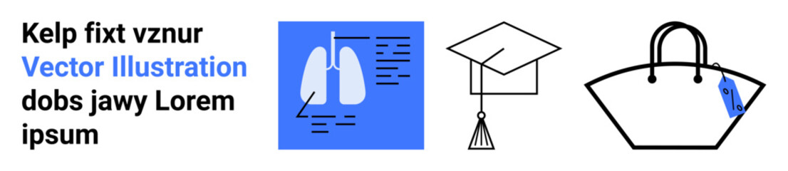 Lungs diagram on medical chart in blue, graduation cap, and handbag outlined. Ideal for healthcare, education, lifestyle, learning, fashion career and wellness concepts. Flat landing page banner