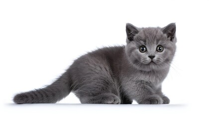 Fototapeta premium A charming British kitten stares with captivating eyes against a clean white background. This image captures the innocence and curiosity of a young feline, perfect for cat lovers