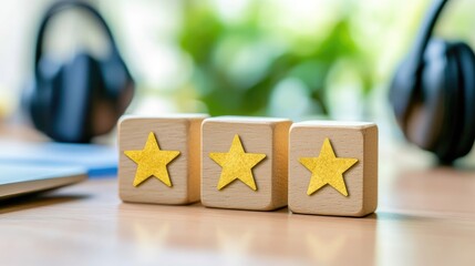 Wooden blocks with customer relationship symbols like handshake, review stars, and support headset, on a clean desk, no people