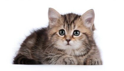 Obraz premium A charming cute kitten stares with captivating eyes against a clean white background. This image captures the innocence and curiosity of a young feline, perfect for cat lovers