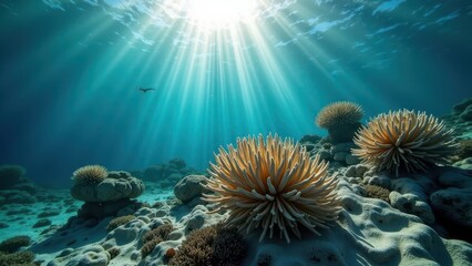 Sunlit underwater view of a coral reef affected by bleaching with damaged and pale coral colonies	