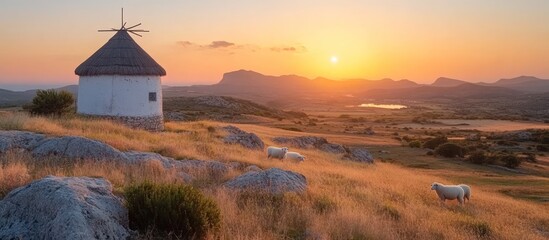 Sunset windmill, sheep, hilltop, rural landscape