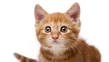 Obraz premium A charming ginger kitten stares with captivating eyes against a clean white background. This image captures the innocence and curiosity of a young feline, perfect for cat lovers