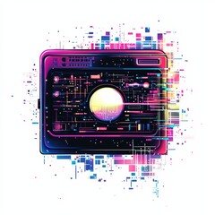 Obraz premium Digital Camera: A stylized illustration of a digital camera, with a futuristic design, vibrant colors, and an abstract, pixelated aesthetic, representing technology and digital photography.