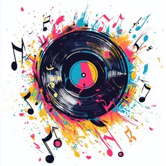Obraz premium Vinyl Rhapsody: An explosion of music notes and vibrant colors surrounds a classic vinyl record, creating a dynamic and artistic representation of sound and melody.