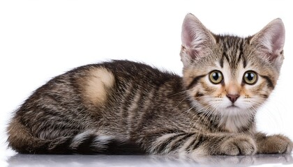 Obraz premium A charming striped kitten stares with captivating eyes against a clean white background. This image captures the innocence and curiosity of a young feline, perfect for cat lovers