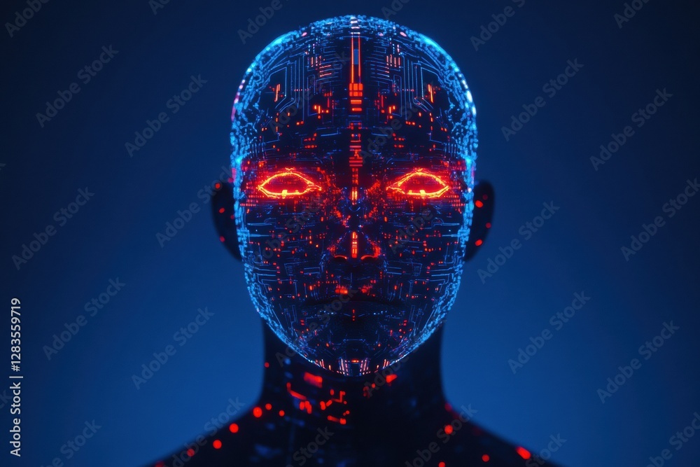 Poster intricate circuit board design within human head silhouette showcases futuristic ai technology and g