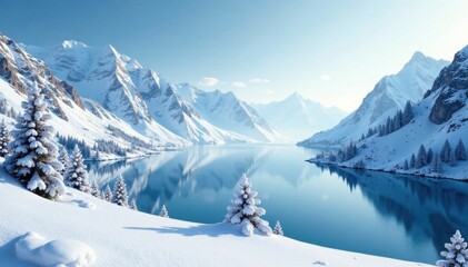 Frosty landscape with snow-covered mountains and frozen lake, icy, frozen lake, winter