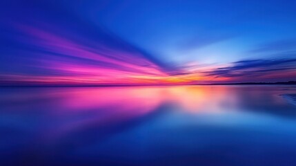 aurora borealis Vibrant sunset reflecting on calm waters, showcasing a gradient of colors in the sky.