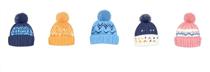 Colorful illustrated winter hats with pom poms and decorative patterns