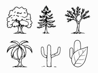 Tree and Plant Icon Set, Oak, Pine, Palm, Cactus, and Leaf Outline,