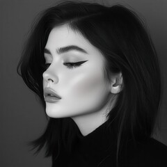 Fototapeta premium The minimalist beauty aesthetic features a Caucasian woman with sleek dark hair, a monochrome setting, a sharp jawline, and bold eyeliner accentuating her elegant look.