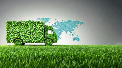 Green truck made of leaves driving on the grass with an illustrated world map, symbolizing green delivery, eco packaging, environmentally conscious delivery, and sustainable transportation