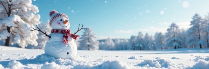 Obraz premium Frosty winter scene with a happy snowman standing alone in the open field, surrounded by snow-covered trees and a clear blue sky , snow covered trees, winter wonderland , snowy scenery