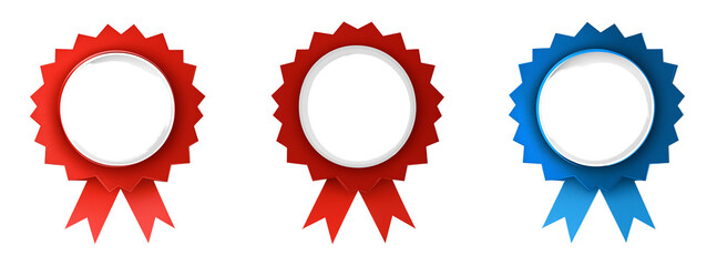 3 round, shiny ribbon awards in red and blue with a transparent background PNG 