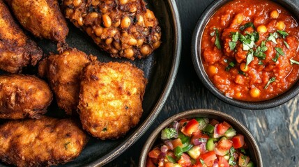 Fototapeta premium A Dish of Fried Akara, Nigerian Black-Eyed Pea Fritters, Golden Brown and Crispy, Served with a Spicy Tomato Dipping Sauce