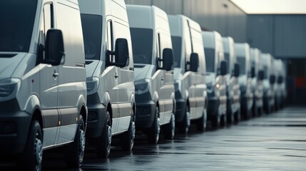 Row of White Vans Parked in a Row at a Warehouse