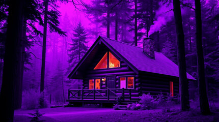 Mystical log cabin retreat bathed in surreal purple luminescence, peaceful haven