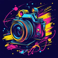 Obraz premium Camera Neon Illustration: A vibrant and artistic illustration of a vintage camera, splashed with dynamic neon colors and energetic brushstrokes, capturing the essence of photography and creativity.