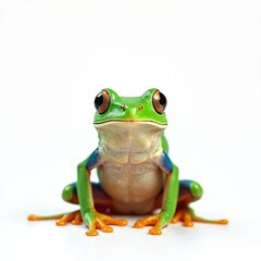 Obraz premium Bright green tree frog with red eyes. Amphibian clip art element on white background in macro photography style. Vivid colors, cute exotic animal from tropical rainforest, wildlife close up.