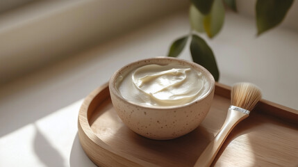 Ceramic bowl with creamy face mask and wooden brush on a tray