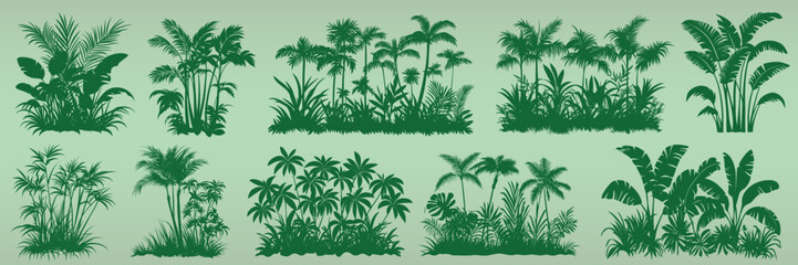 Fototapeta premium Lush tropical plant silhouettes collection isolated illustration, vector set