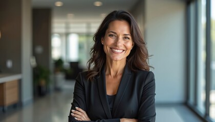 Pro mid aged Latin business woman corporate leader smiles. Positive mature female executive manager stands in office arms crossed, looks at camera. Confident lady, success in business. Leadership.