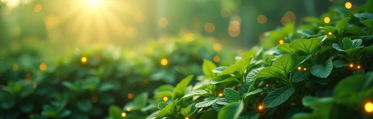Fototapeta premium Green plant leaves with magical golden light bokeh for eco tech innovative energy solutions promo. Environment friendly tech background for solar energy, eco transport, alternative energy sources
