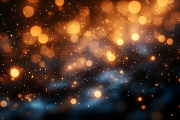 Fototapeta premium Abstract Bokeh Lights Background with Golden Light Effect and Blue Mist Creating a Festive and Magical Atmosphere for Celebrations at Night