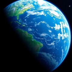 Fototapeta premium High-resolution stock photo Earth from space, continents clearly visible, distant moon partially illuminated, professional commercial quality, realistic lighting, detailed texture