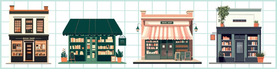 Obraz premium Charming illustrated bookstore facades, isolated vector set
