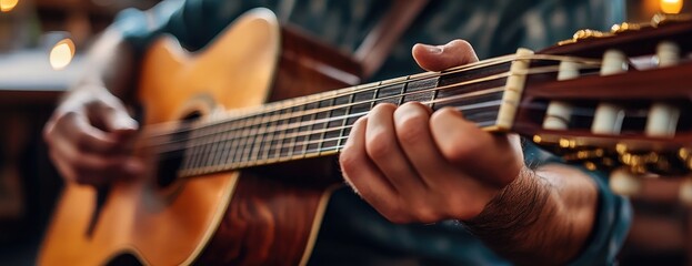 Fototapeta premium Close-up of man playing acoustic guitar indoors, blurred background