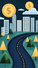 Franchise Growth & Brand Expansion Digital cityscape with money and road elements.