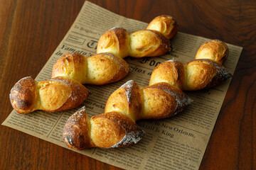 麦の穂の形状に成形したシンプルなハードパン　木製テーブルの背景