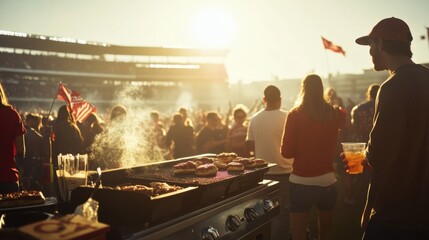 College stadium with fans tailgating before the game, enjoying food and drinks. Featuring camaraderie and excitement