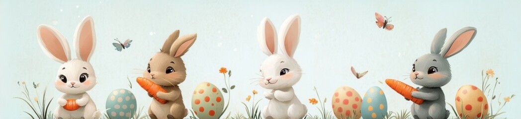 Adorable bunnies and Easter eggs in a playful springtime illustration