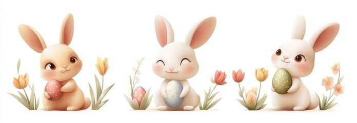 Fototapeta premium Adorable trio of bunnies holding decorated Easter eggs among blooming flowers