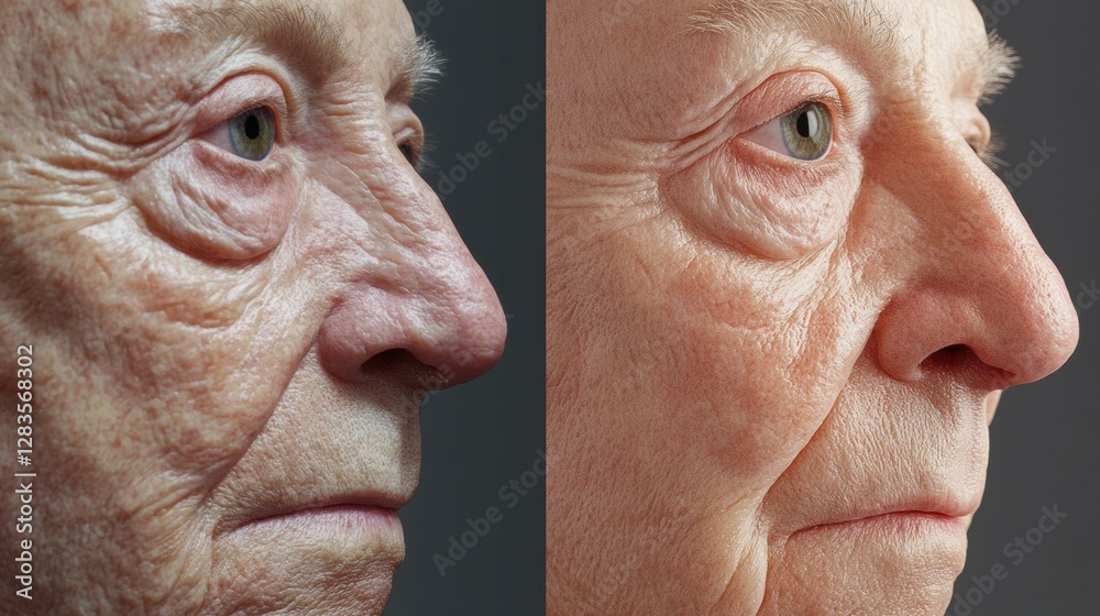 Poster split view highlighting the contrast between aged and youthful skin on a single face. generative ai