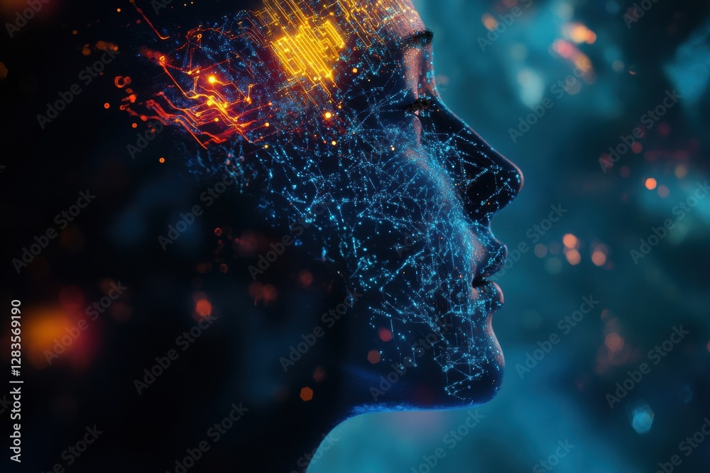 Aufkleber silhouette of human head filled with glowing quantum circuits reflecting advanced technology concept