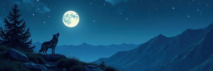 Full moon night landscape with a lone wolf howling in the distance, , howling wolf, nature