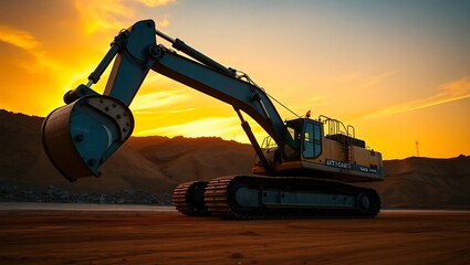 Industrial Excavator at Sunset: Heavy Machinery in Mining and Land Development | Generative AI
