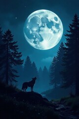 Full moon rises over a dense forest with a lone wolf howling loudly in the darkness, animal behavior, shadows, full moon